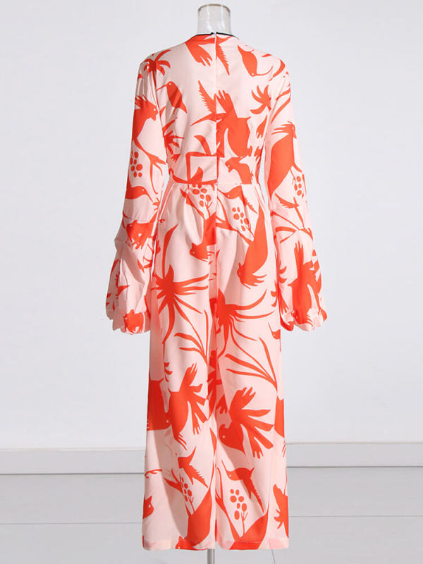 TWOTWINSTYLE Jumpsuits For Women Deep V Neck Flare Sleeve High Waist Tunic Print Wide Leg Pants Clothing