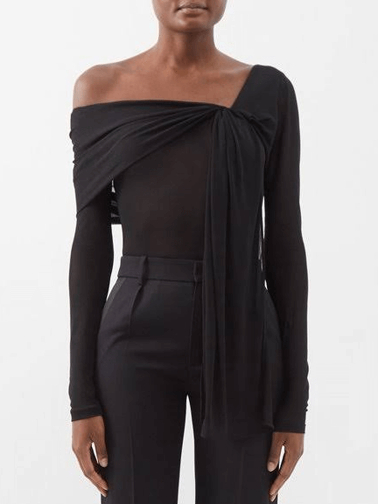 TWOTWINSTYLE Spliced Ribbon Slimming Bodysuits For Women Square Collar One Shoulder Sleeve Backless Clothing