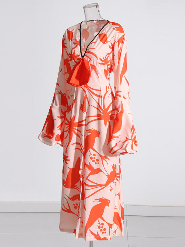 TWOTWINSTYLE Jumpsuits For Women Deep V Neck Flare Sleeve High Waist Tunic Print Wide Leg Pants Clothing