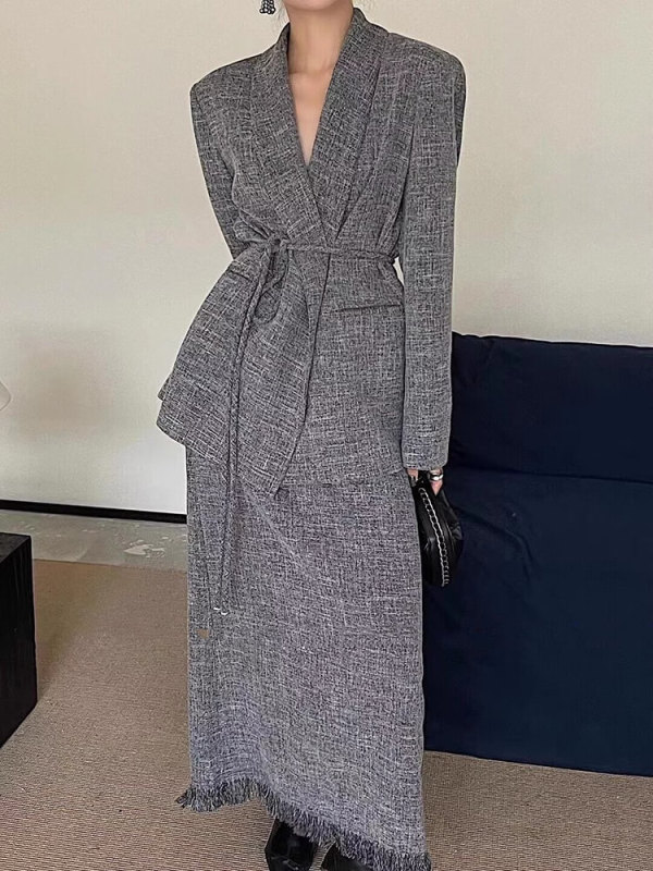 TWOTWINSTYLE  Two Piece Sets For Women Notched Collar Long Sleeve Spliced Lace  Up Coat Fashion Clothing