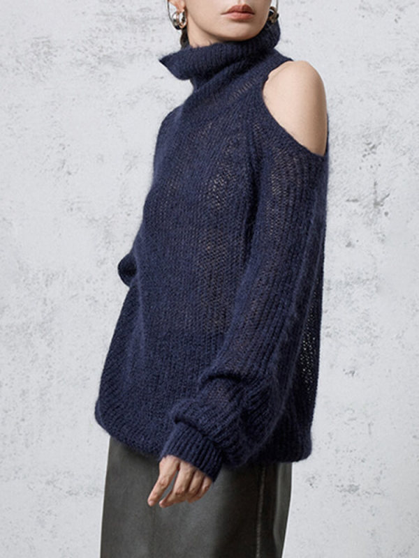 TWOTWINSTYLE Loose Knitting Sweaters For Women Turtleneck Long Sleeve Off Shoulder Fashion Clothing