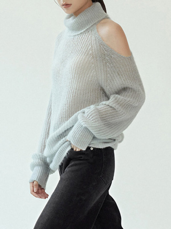 TWOTWINSTYLE Loose Knitting Sweaters For Women Turtleneck Long Sleeve Off Shoulder Fashion Clothing