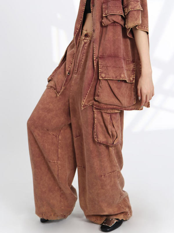 TWOTWINSTYLE  Loose Pants For Women High Waist Spliced Pockets Wide Leg Pant Fashion Clothing