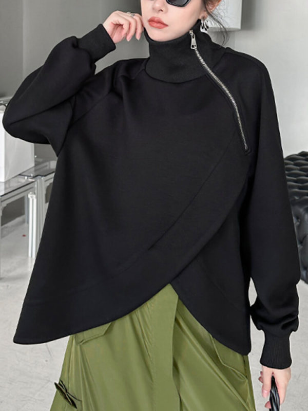 TWOTWINSTYLE Zipper Casual Loose Sweatshirts For Women Stand Collar Long Sleeve Clothing