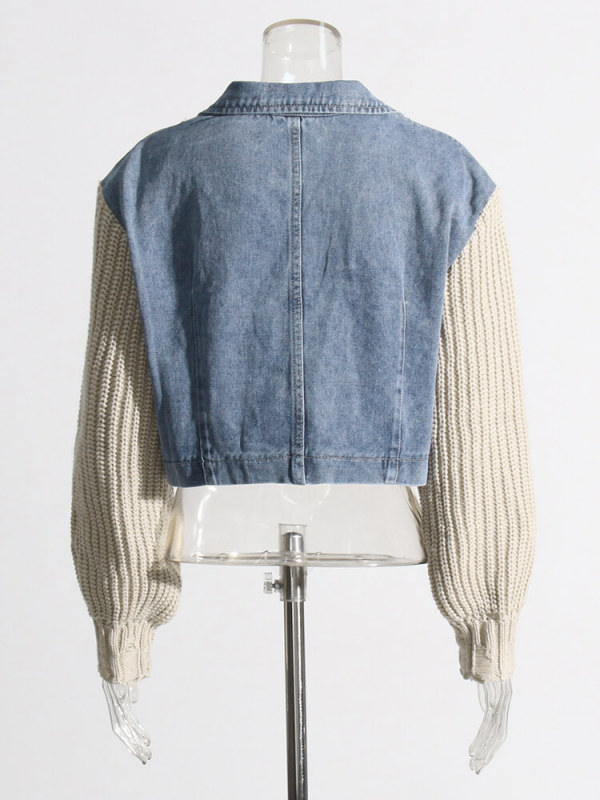 TWOTWINSTYLE  Knitting Denim Jackets For Women Lapel Long Sleeve  Casual Jacket Fashion Clothing