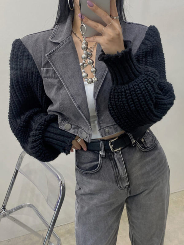 TWOTWINSTYLE  Knitting Denim Jackets For Women Lapel Long Sleeve  Casual Jacket Fashion Clothing