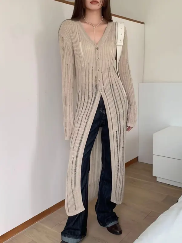 TWOTWINSTYLE Casual  Sweater Coat  For Women  Long Sleeve Hollow out Button  Fashion Clothing 2023
