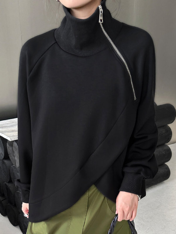 TWOTWINSTYLE Zipper Casual Loose Sweatshirts For Women Stand Collar Long Sleeve Clothing