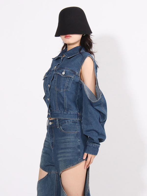 TWOTWINSTYLE  Hollow Out Chic Denim Jacket For Women Lapel Long Sleeve  Fashion Clothing