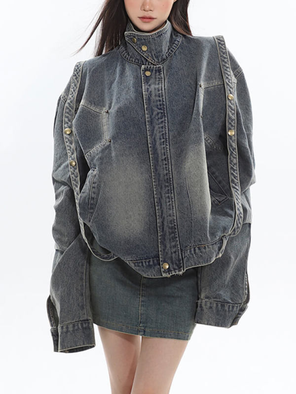TWOTWINSTYLE Designer Denim Jackets For Women Stand Collar Long Sleeve Patchwork Pockets Fashion Clothing