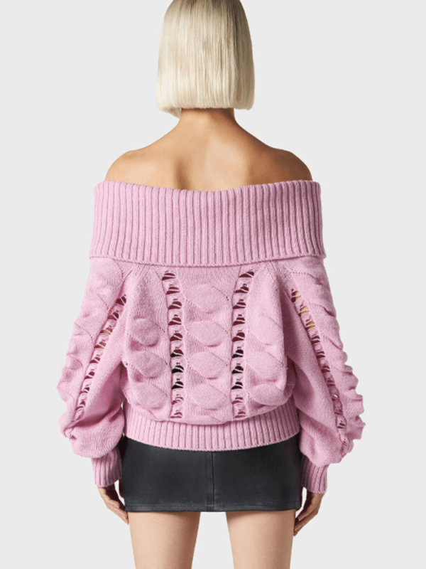 TWOTWINSTYLE  Hollow Out Knitting Sweaters For Women Slash Neck Long Sleeve Cold Shoulder Fashion Clothing
