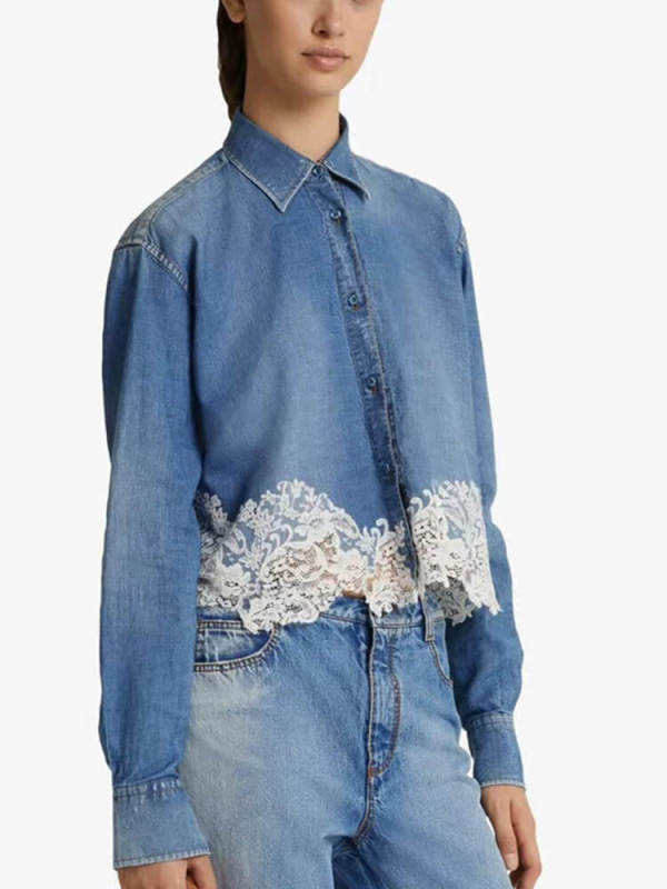 TWOTWINSTYLE Lace Chic Denim Shirts For Women Lapel Long Sleeve Single Spring Breasted Fashion Clothing