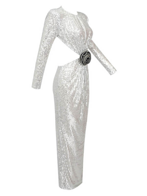 TWOTWINSTYLE  Sequins Dresses For Women Round Neck Long Sleeve High Waist Spliced Floral Backless Fashion Clothing
