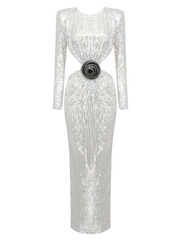 TWOTWINSTYLE  Sequins Dresses For Women Round Neck Long Sleeve High Waist Spliced Floral Backless Fashion Clothing