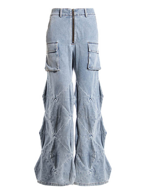 TWOTWINSTYLE Pockets Loose Denim Pants For Women High Waist Spliced Zipper Streetwear Cargo Jeans Clothing