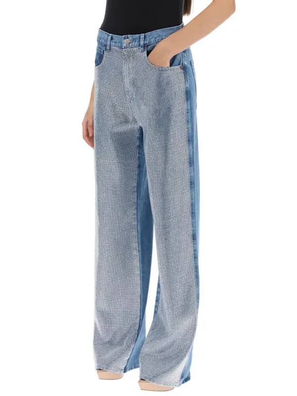 TWOTWINSTYLE  Diamonds Loose Denim Pants For Women t Spliced Button Casual Wide Leg Jeans New