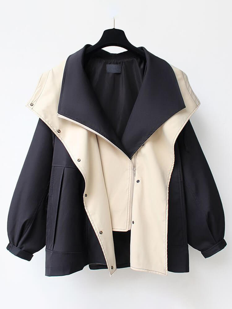 TWOTWINSTYLE  Patchwork Zipper Loose Coats For Women Hooded Long Sleeve Fashion Clothing