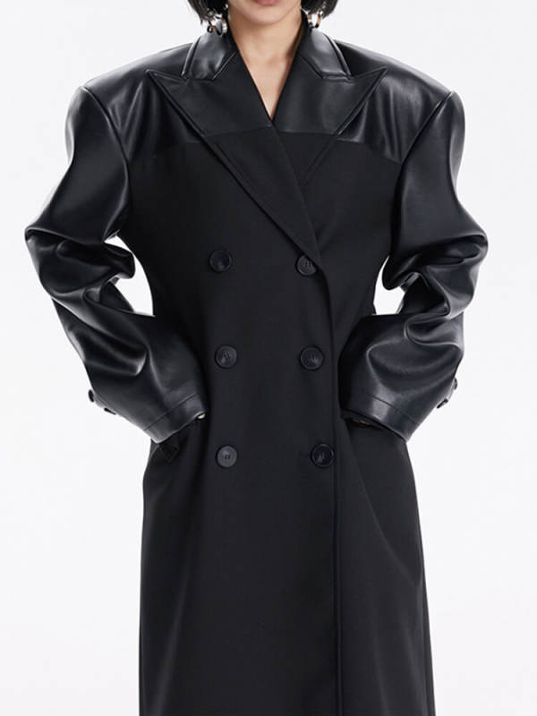TWOTWINSTYLE  Leather  Trenches For Women Notched Collar Long Sleeve Spliced Button Fashion Clothing