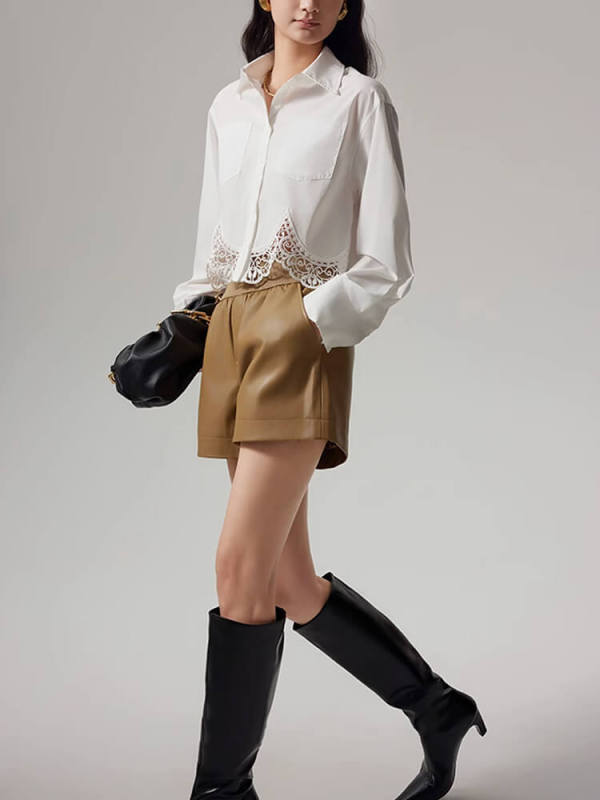 TWOTWINSTYLE Irregular Hem Shirt For Women Lapel Long Sleeve Patchwork Lace Fashion Clothing