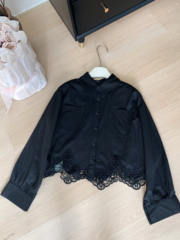 TWOTWINSTYLE Irregular Hem Shirt For Women Lapel Long Sleeve Patchwork Lace Fashion Clothing