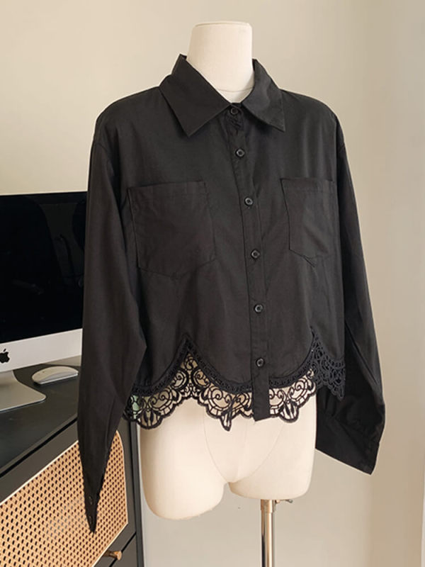 TWOTWINSTYLE Irregular Hem Shirt For Women Lapel Long Sleeve Patchwork Lace Fashion Clothing