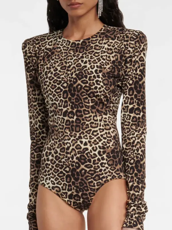 TWOTWINSTYLE Leopard Printing  Bodysuits For Women Round Neck Long Sleeve High Waist Slimming Fashion Clothing