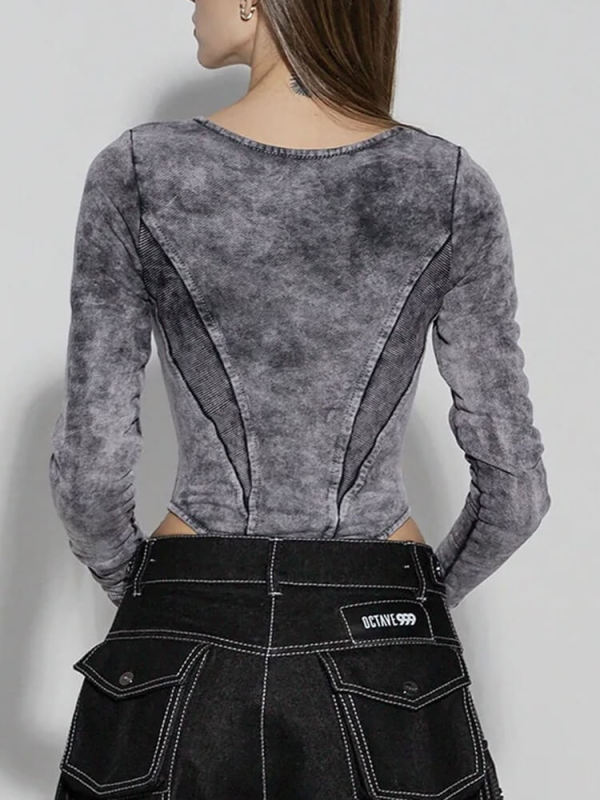 TWOTWINSTYLE Patchwork Zipper Streetwear Bodysuits For Women Round Neck Long Sleeve Do Old Slimming Clothing