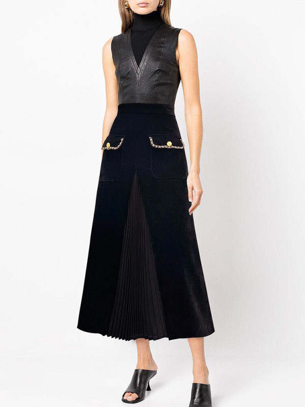 TWOTWINSTYLE  Pleated Vintage Skirts For Women High Waist Spliced Pockets  Fashion Clothing 2023