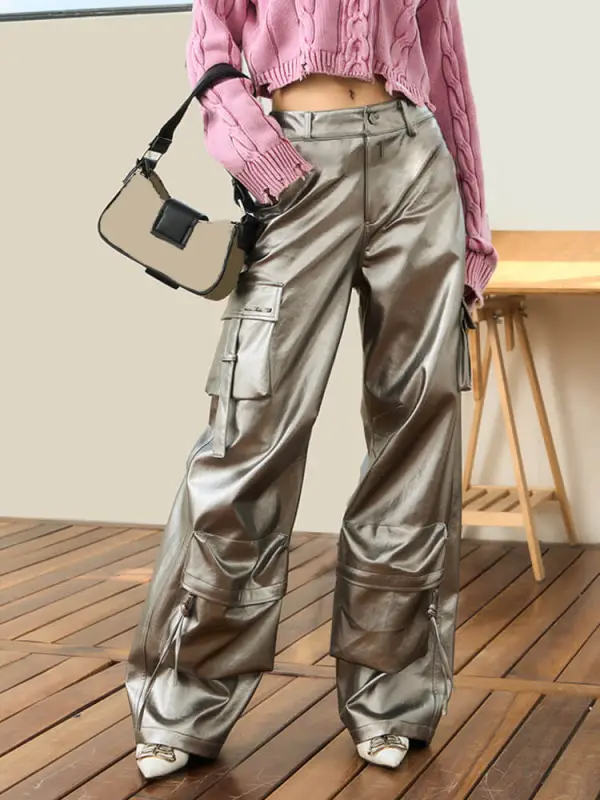 TWOTWINSTYLE  Casual Patchwork Pockets Loose Leather Pants For Women High Waist Spliced Button Fahsion Clothing