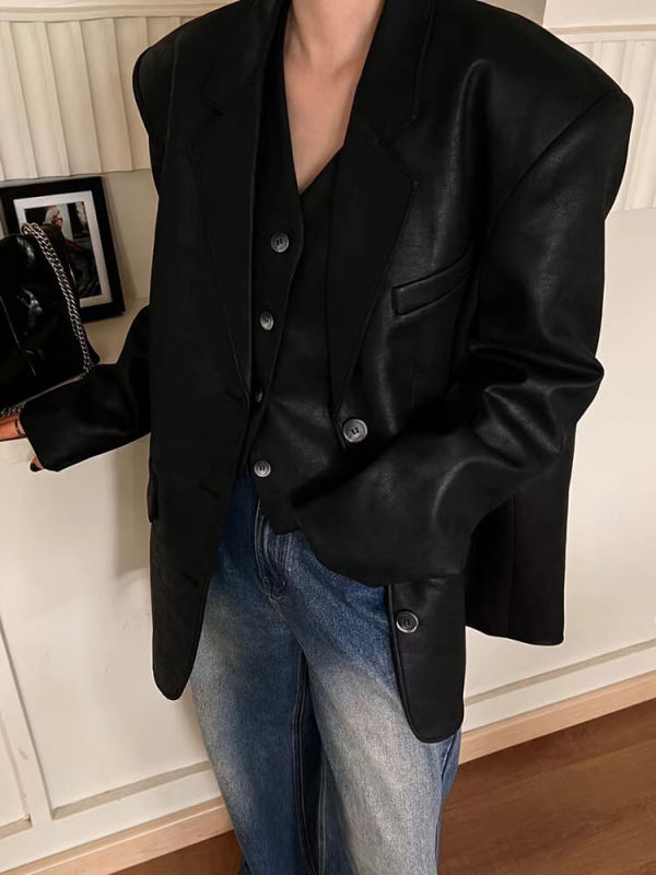 TWOTWINSTYLE  Patchwork Button Casual Loose Coats For Women Notched Collar Long Sleeve Fashion Clothing