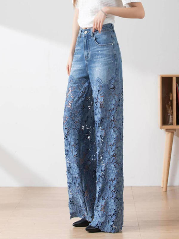 TWOTWINSTYLE  Hollow Out Denim Pant For Women High Waist Patchwork Lace Casual Full Length Pants Fashion Clothing