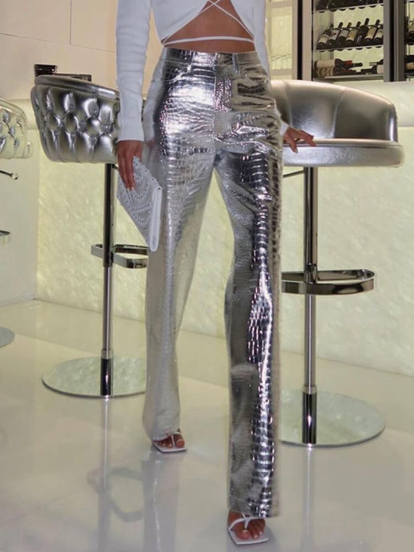 TWOTWINSTYLE  Glossy Streetwear Floor Length Trousers For Women High Waist Patchwork Pockets Casual Straight Pants Female Fashion