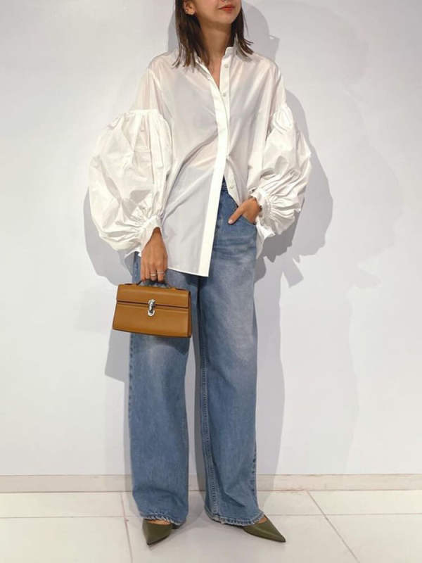 TWOTWINSTYLE  Patchwork Single Breasted Casual Loose Shirts For Women Round Neck Lantern Sleeve Clothing