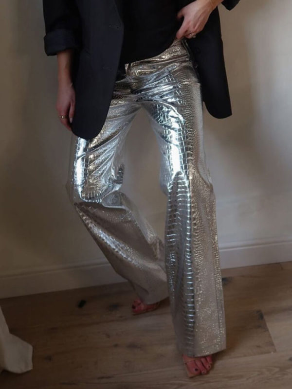 TWOTWINSTYLE  Glossy Streetwear Floor Length Trousers For Women High Waist Patchwork Pockets Casual Straight Pants Female Fashion