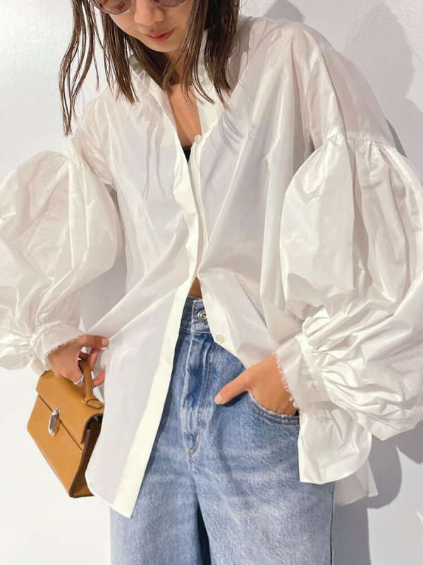 TWOTWINSTYLE  Patchwork Single Breasted Casual Loose Shirts For Women Round Neck Lantern Sleeve Clothing