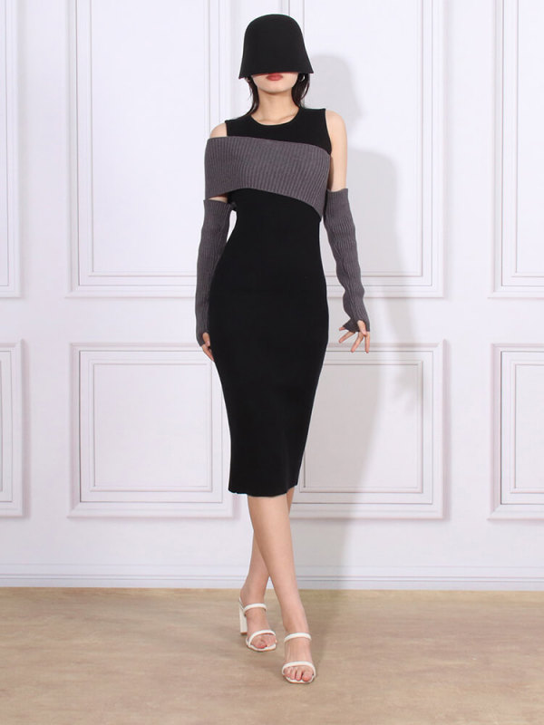 TWOTWINSTYLE  Slimming Knitting Dresses For Women Round Neck Long Sleeve High Waist Bodycon Fashion Clothing