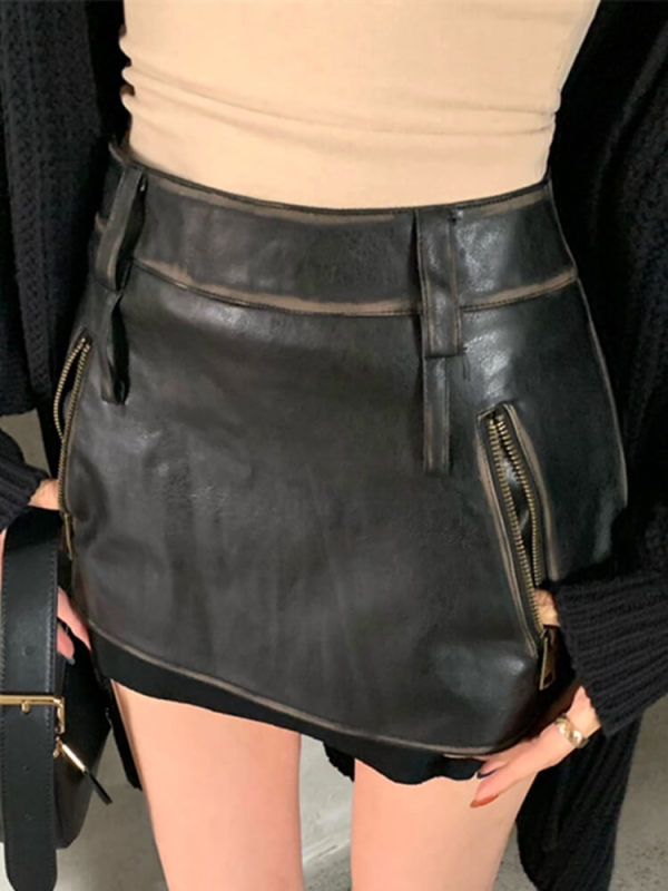 TWOTWINSTYLE Patcheork Zipper Slimming Mini Skirts For Women High Waist Minimalist Temperament Sexy Skirt Female Fashion 2023