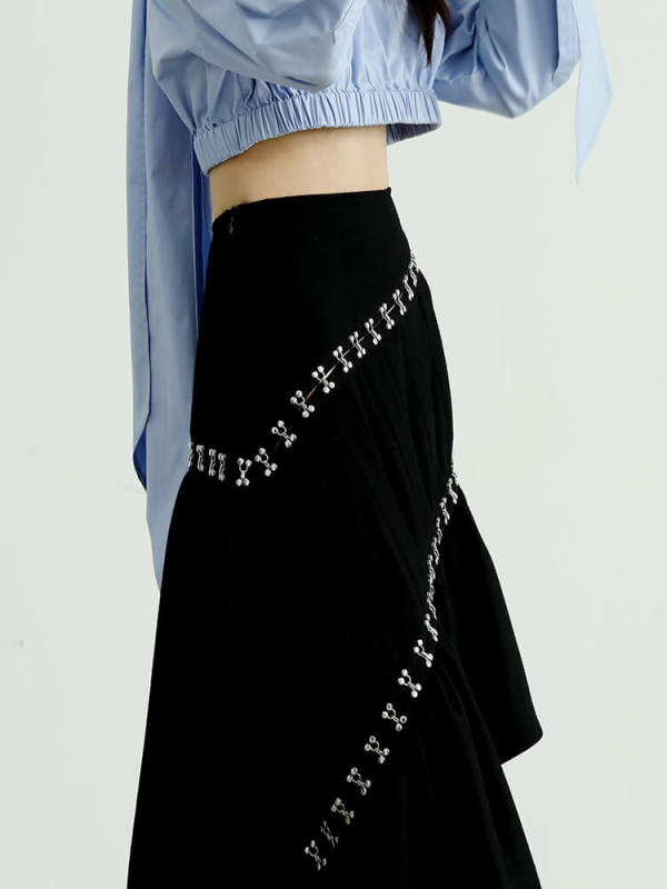 TWOTWINSTYLE  Patchwork Metal Buckle Slimming Skirts For Women High Waist Irregular Hem Designer Skirt Fahsion Clothing