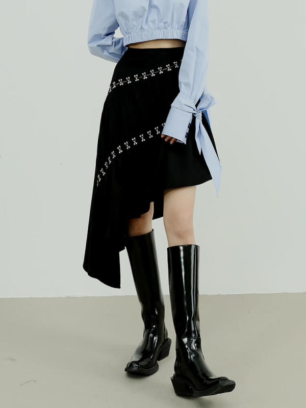 TWOTWINSTYLE  Patchwork Metal Buckle Slimming Skirts For Women High Waist Irregular Hem Designer Skirt Fahsion Clothing