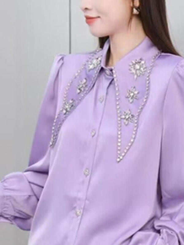TWOTWINSTYLE Spliced Diamonds Casual Loose Shirts For Women Lapel Long Sleeve Fashion WOmen Clothing