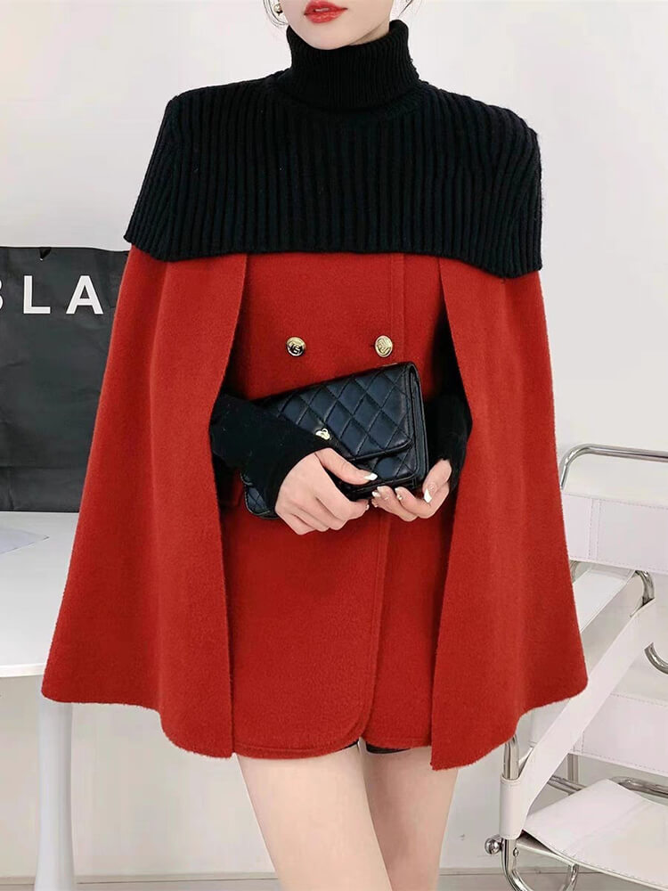 TWOTWINSTYLE Two Piece Sets For Women Round Neck Cape Sleeve Spliced Double Breasted Coat Fashion Clothing