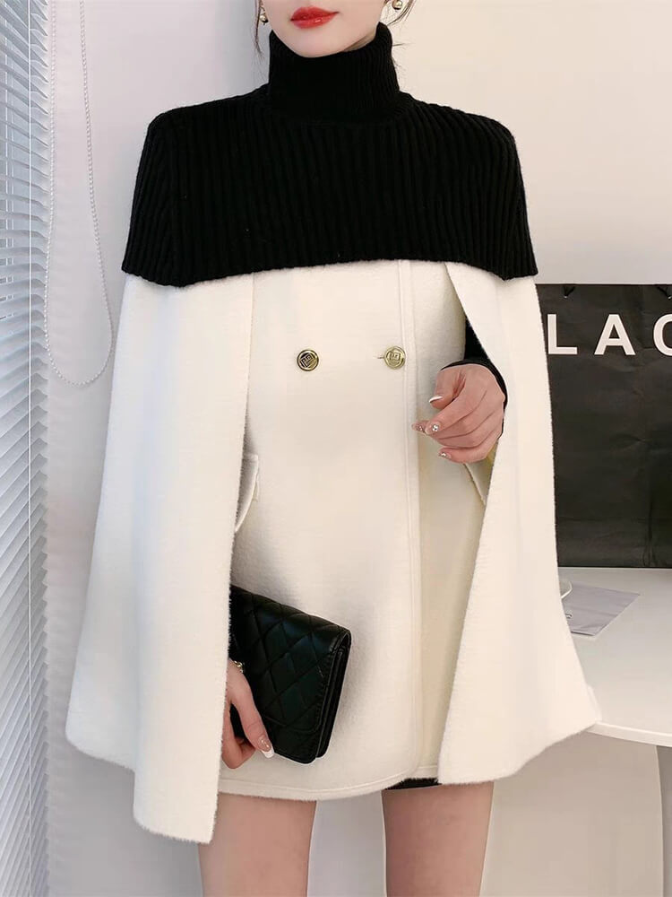 TWOTWINSTYLE Two Piece Sets For Women Round Neck Cape Sleeve Spliced Double Breasted Coat Fashion Clothing