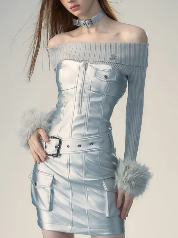 TWOTWINSTYLE Leather Spliced Belt Dresses For Women Slash Neck Sleeveless Patchwork Zipper  Fashion Clothing