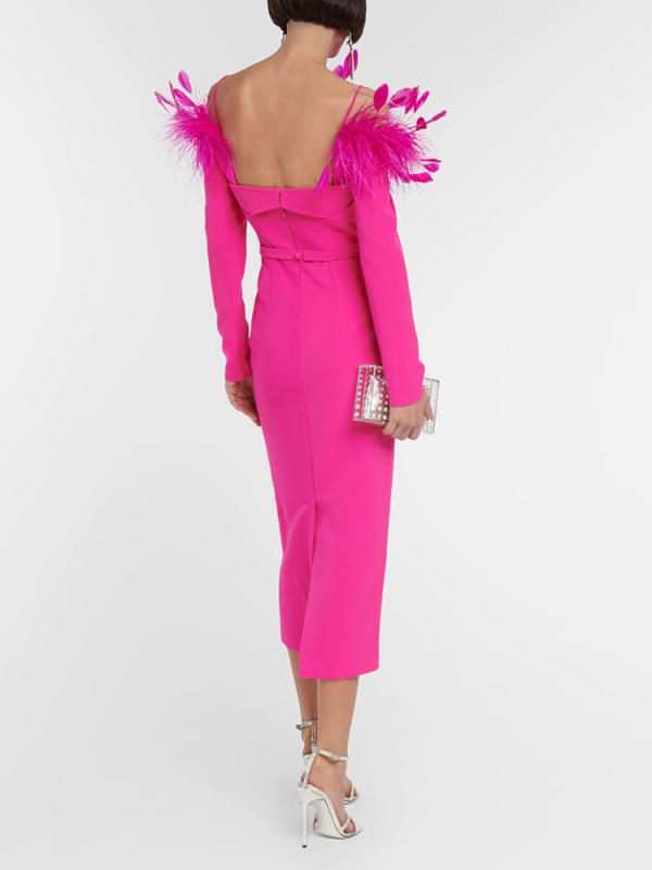 TWOTWINSTYLE  Dresses For Women Slash Neck Long Sleeve Patchwork Feathers Elegant Fahsion Clothing