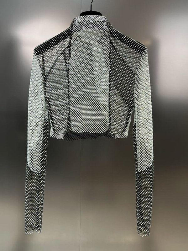 TWOTWINSTYLE  Mesh T Shirts For Women Stand Collar Long Sleeve Summer Pullover T Shirt Fashion Clothing