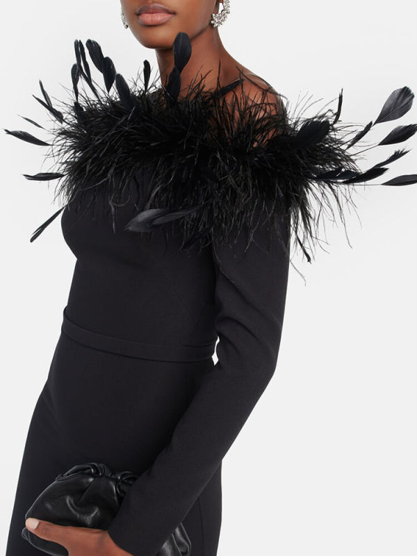 TWOTWINSTYLE  Dresses For Women Slash Neck Long Sleeve Patchwork Feathers Elegant Fahsion Clothing