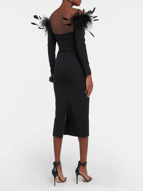 TWOTWINSTYLE  Dresses For Women Slash Neck Long Sleeve Patchwork Feathers Elegant Fahsion Clothing