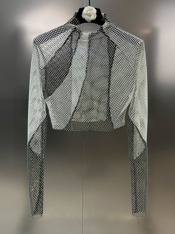 TWOTWINSTYLE  Mesh T Shirts For Women Stand Collar Long Sleeve Summer Pullover T Shirt Fashion Clothing