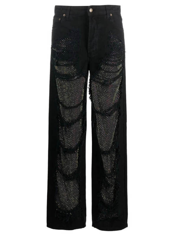 TWOTWINSTYLE  Mesh Chic Denim Pants For Women High Waist Spliced Pockets Streetwear Fashion Clothing