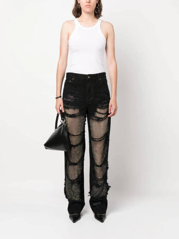TWOTWINSTYLE  Mesh Chic Denim Pants For Women High Waist Spliced Pockets Streetwear Fashion Clothing